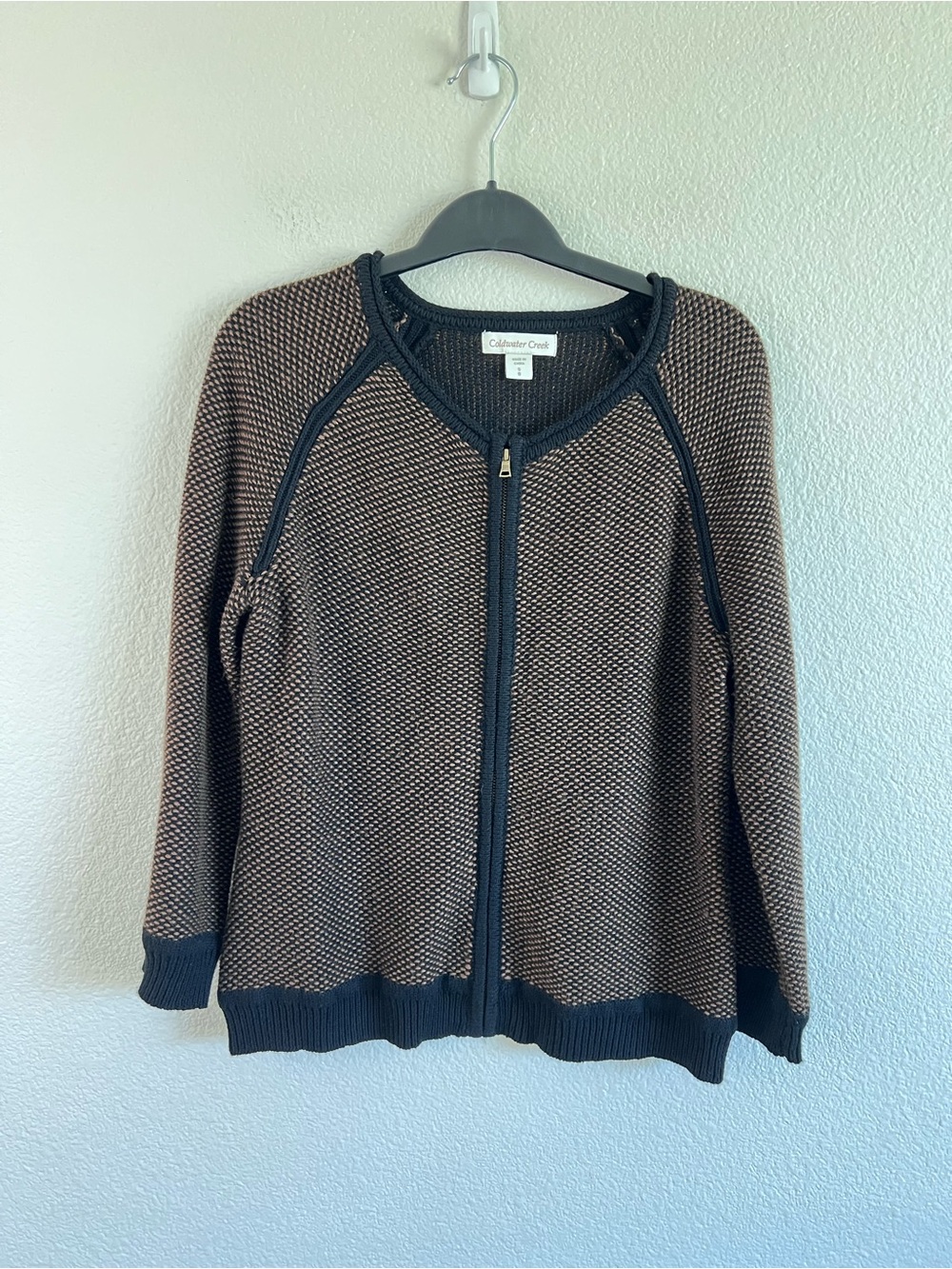 Charter Club Women's Brown Black Patterned Full Front Zip Cardigan Long Sleeve